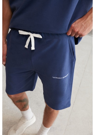 Colombıa  Erkek 2'li Set Comfort Fit Rahat Kalıp Yazı Nakışlı Şardonsuz Lacivert Eşofman Takımı