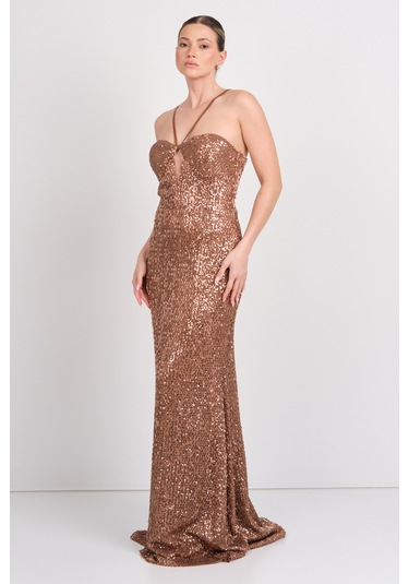 Explosion Kadın Pul Payet Göğüs Dekolteli Saten Askılı Maksi Boy Abiye Elbise 58004 Bakır Bakır