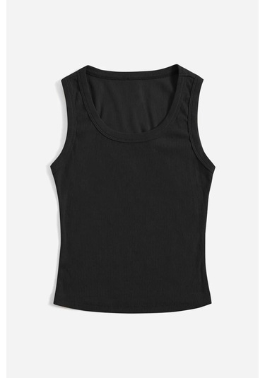 Merry See Düz Renk Kadın Kolsuz Bluz Crop Top Siyah