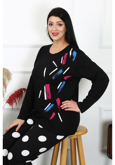 Akbeniz Kadın Büyük Beden Penye Uzun Kol Pijama Takım 202215-siyah Siyah