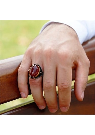 Gümüş Kartal Pençeli Kırmızı Akik Taşlı Erkek Yüzük Beyaz