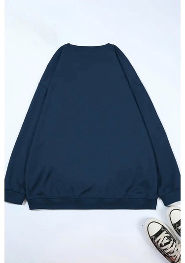 Unisex Lacivert Be-you-tiful Baskılı Bisiklet Yaka Sweatshirt- Kışlık Şardonlu Kumaş Lacivert