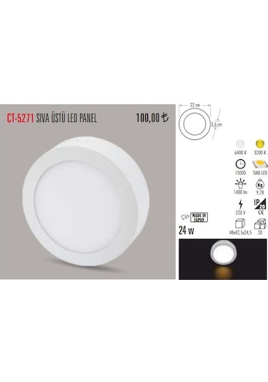 Cata Ct-5271 24 Watt Sıva Üstü Led Aramtür Yuvarlak Gün Işığı N11.389