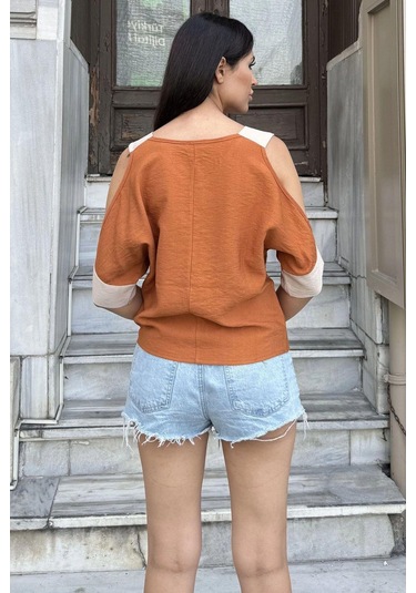 Kadın Kiremit Omuz Dekolteli Kısa Kol, Salaş Keten Bluz Kiremit