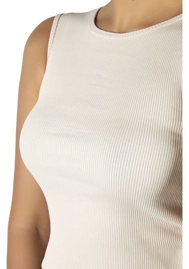 Krem Fitted/vücuda Oturan Crop Halter Yaka Fitilli Esnek Örme Bluz Atlet Krem