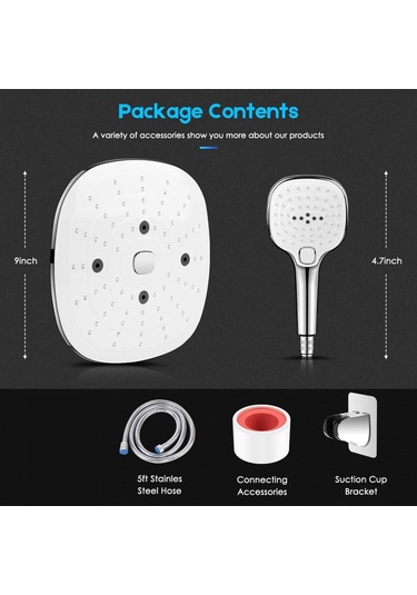 Lebıhmurah Bf1467 Duş Başlığı Combo, 9 İnç Ayarlanabilir Yağış Duş Başlığı 3 Ayar Basma Düğmeli Yük Duş Banyo ve Aks. Dğ. 47719242 Gümüş