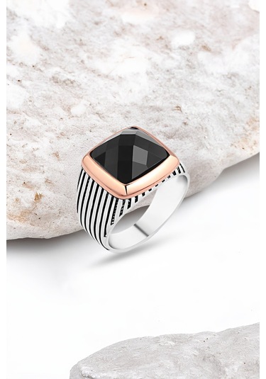 Kesme Siyah Zirkon Taşlı Gümüş Erkek Yüzük -4534