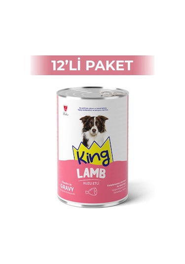 King Sos İçerisinde Et Parçacıklı Kuzu Etli Köpek Konservesi 400 Gr 12 Adet
