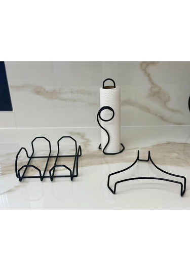 Servis Sunum Seti, Rota Kağıt Havluluk, Kare Peçetelik, Üçgen Nihale, Üçlü Set, Paslanmaz Çelik Tel Siyah