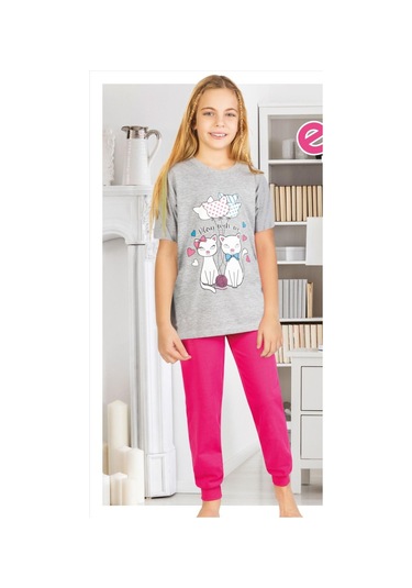 Kedili Kısa Kollu Kız Çocuk Pijama Takım St07718 Gri
