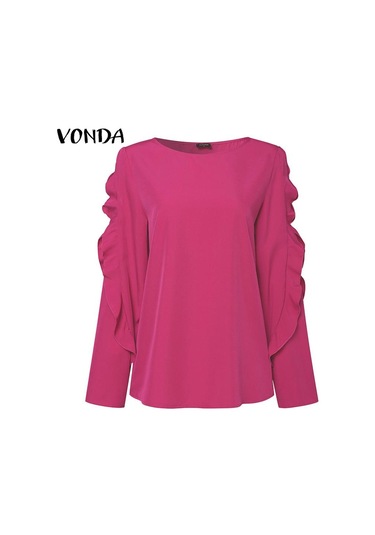 Vonda Kadın Yaz Modası Yuvarlak Yaka Puf Uzun Kollu Bluz Mavi