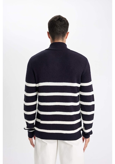 DeFacto Standart Fit Dik Yaka Yarım Fermuarlı Çizgili Triko Kazak D3274AX24WNNV64