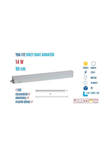 Ycl Yba-112B 14W 90Cm Beyaz Led Bant Armatür Beyaz