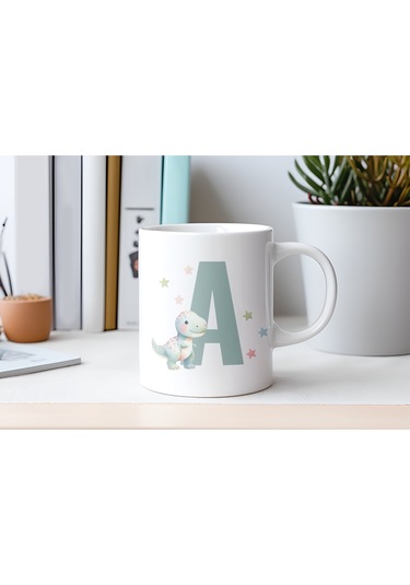 A Harfi Sevimli Dinozor Kupa Bardak - Açık Yeşil Yıldız Detaylı Dino Tasarım - Hediye Beyaz