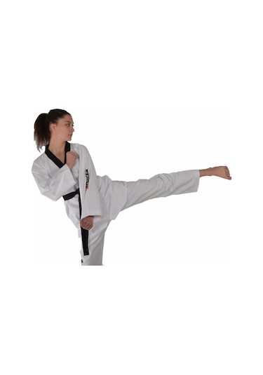 Haşado Fitilli Siyah Yaka Taekwondo Elbisesi Beyaz