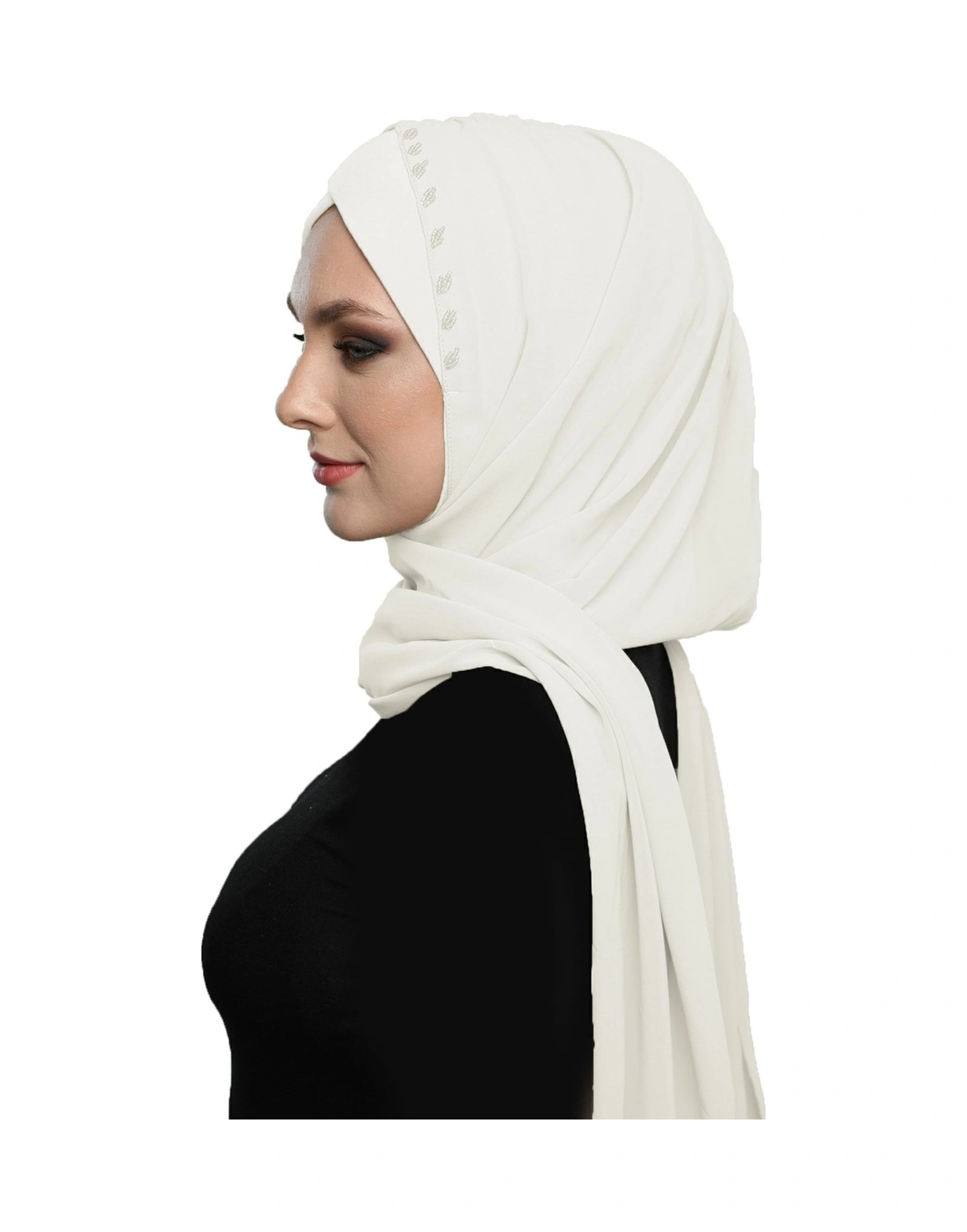 Şallı Takmatik Taşlı Krem Hazır Türban Tesettür Bone Namaz Örtüsü Krem