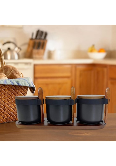 Suntek Magideal 3 Adet Seramik Baharat Kavanozları Porselen Çeşni Siyah