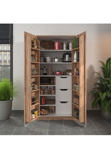 90 Derece Açılabilir 2 Kapaklı, 3 Çekmeceli, Kavanoz Raflı Kiler Ve Erzak Mutfak Dolabı Atlantik Çam