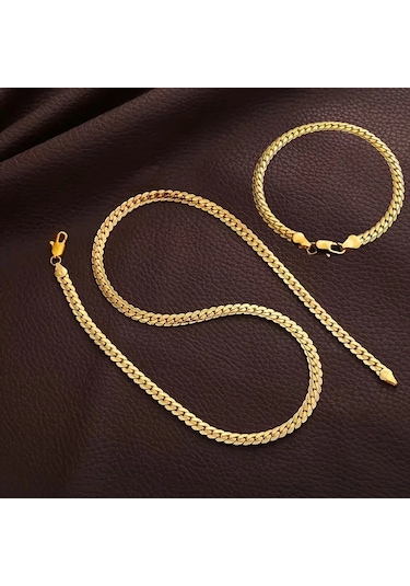 Silver İtalyan Ezme Yassı Yılan Çelik Unisex Set Tak... Altın