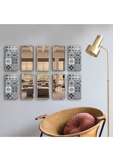 Dekor Camı | Karakalem Çizim Cam ve Bronz Ayna | 10'lu Takım
