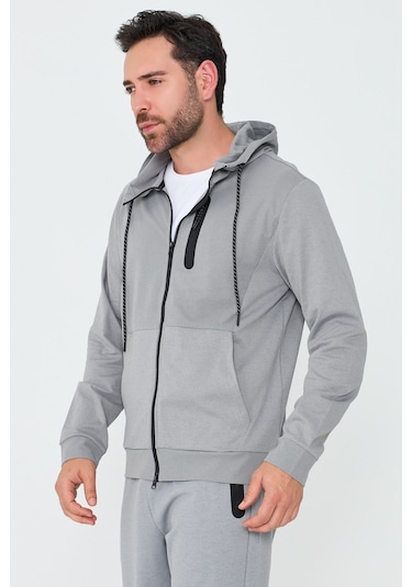 White Stone Gri Kapüşonlı Fermuarlı Erkek Sweatshirt Grey