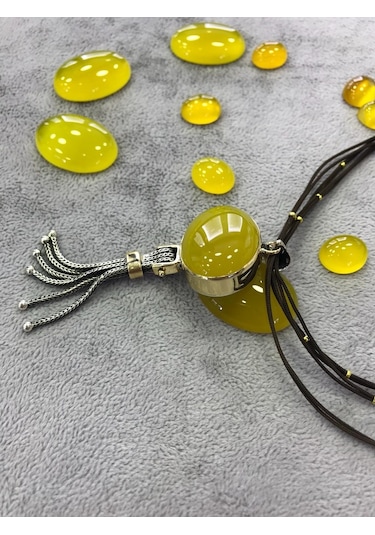 Sarı Akik Taşlı Gümüş Kolye 925 Ayar 512654203