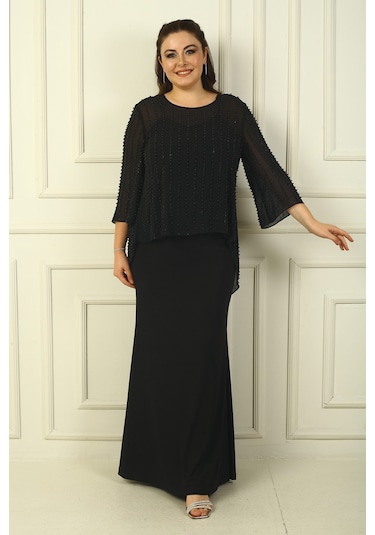 İçi İp Askılı Astarlı Uzun Sandy Elbise Arkası Düğmeli Boncuklu Şifon Bluz Büyük Beden 2'li Takım Siyah