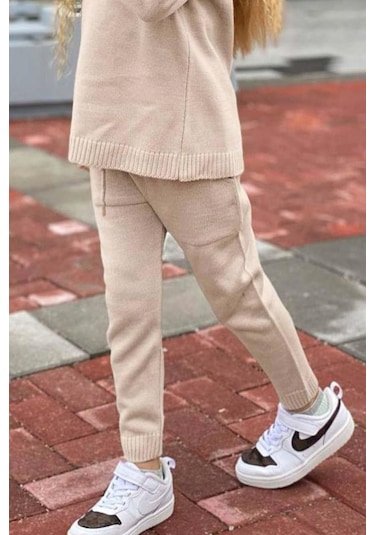 Riccotarz Kız Çocuk Yakası Çıkarılabilir Kürklü Kazak Çift Cepli Triko Ekru Alt Üst Takım Ekru