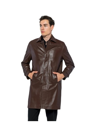 Basics&more Erkek Hakiki Deri Uzun Ceket - French 001