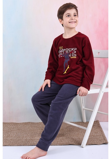 Yeni Sezon Sonbahar/kış Erkek Çocuk Skate Desenli Polar Pijama Takımı 4515 Bordo