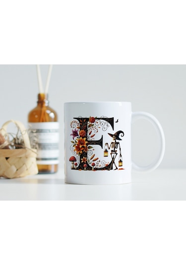 E Harfi Şapkalı İskelet Figürlü Ve Çiçekli Kupa Bardak - Cadılar Bayramı / Halloween Özel Hediye Beyaz