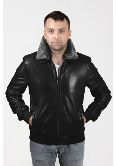 Derije Kelvin Hakiki Jumbo Deri Erkek Siyah Seyyar Kürk Yaka Mont Siyah