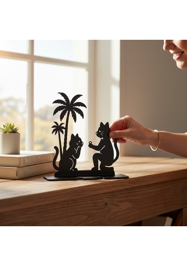 Palmiye Ve Kedi Figürlü Metal Dekor Masaüstü Silüet Obje