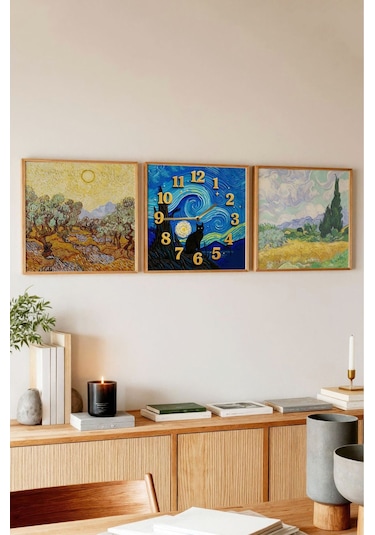 Van Gogh Esintili 3'lü Tablo Seti Kedi Saatli Ahşap Çerçeveli Mdf Tasarım Renkli