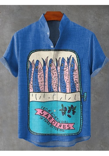 Snapbuy Retro 3d Sanat Baskılı Çizgili Balık Desen Keten Erkek Gömlekgri Gri