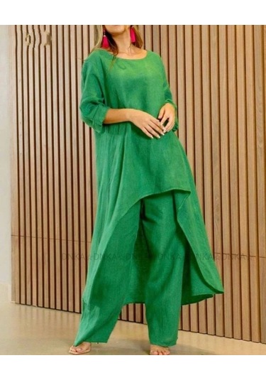 Kadın Uzun Kollu Kayık Yaka Detay Tunik Ve Pantolon Ikili Takım Yeşil