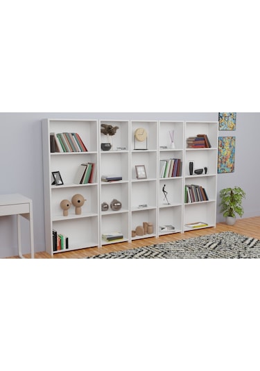 5 Raflı Kitaplık Seti 3 Dar 2 Geniş Raf Kütüphane 170 Cm Beyaz
