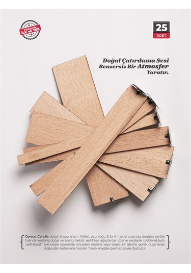 Ahşap Mum Fitili 7 Mm Genişlik Nikel Kaplama Çelik Taban + 3m Köpük Bant, 25 Li Set Cereus Ahşap