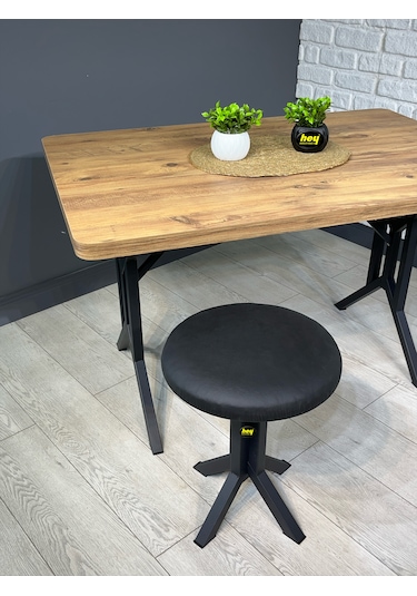 Tabure Siyah Deri Puf Makyaj Masası Sandalyesi Metal Sandalye