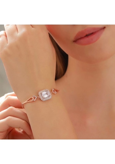 Zirkon Taşı Süslemeli Şık Gümüş Bileklik Rose Gold 925 Ayar