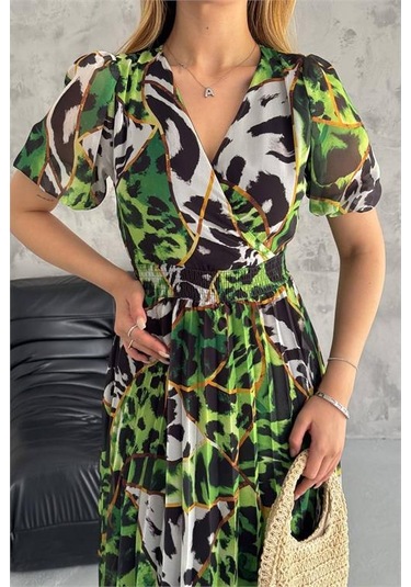 Neşeli Butik Kadın Yeşil Kruvaze Yaka Desenli Şifon Elbise Nbq001 Yeşil