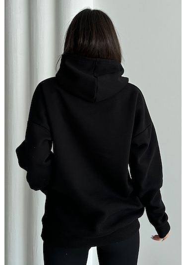 Kadın Siyah Charlie Luciano Baskılı Oversize Kapüşonlu Sweatshirt Siyah