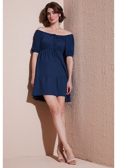 Lela Önü Büzgülü Balon Kollu Mini Bayan Elbise 5869005 Indigo