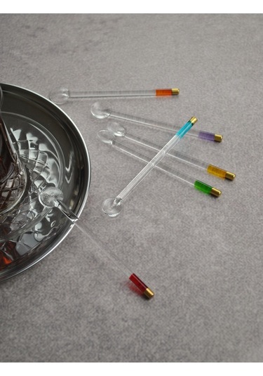 6'lı Cam Çay Kaşığı Renkli Gold Detaylı Sunumluk Kaşık Renkli