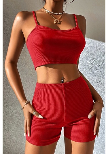 Kadın Kırmızı Şortlu Kaşkorse Gecelik Takım Çok Renkli