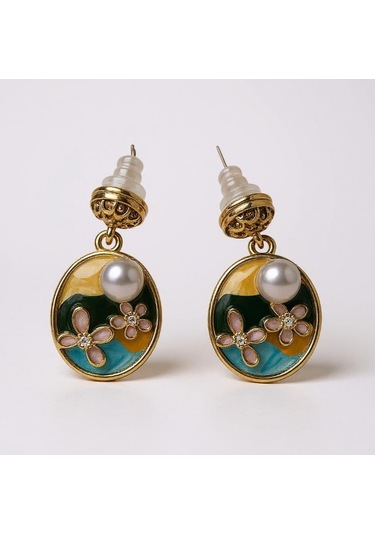 Çiçek Motifli İncili Küpe Çok Renkli