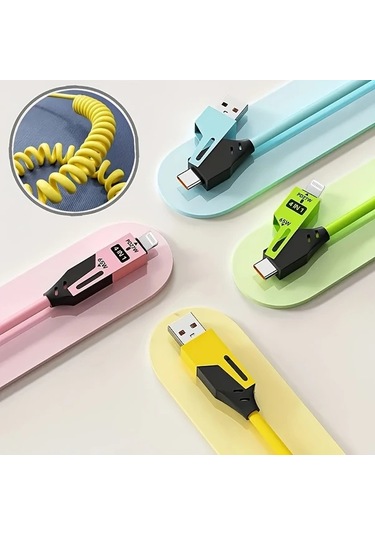 Userfriendly11 3 Adet Pd 65w 4ü 1 Arada Yaylı Şarj Kablosu 15 M Yeşil Mavi Pembe Samsung Xiaomi iPhone Uyumlu