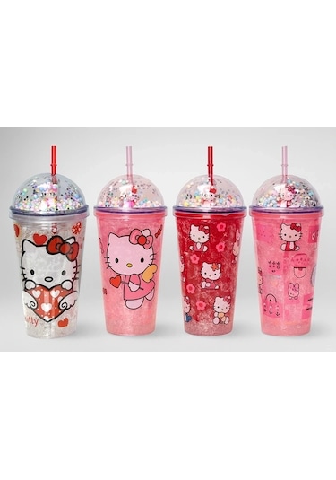 Sevimli Hello Kitty Işıklı Pipetli Boncuklu Suluk & Bardak 400 Ml Alk3145 Çok Renkli