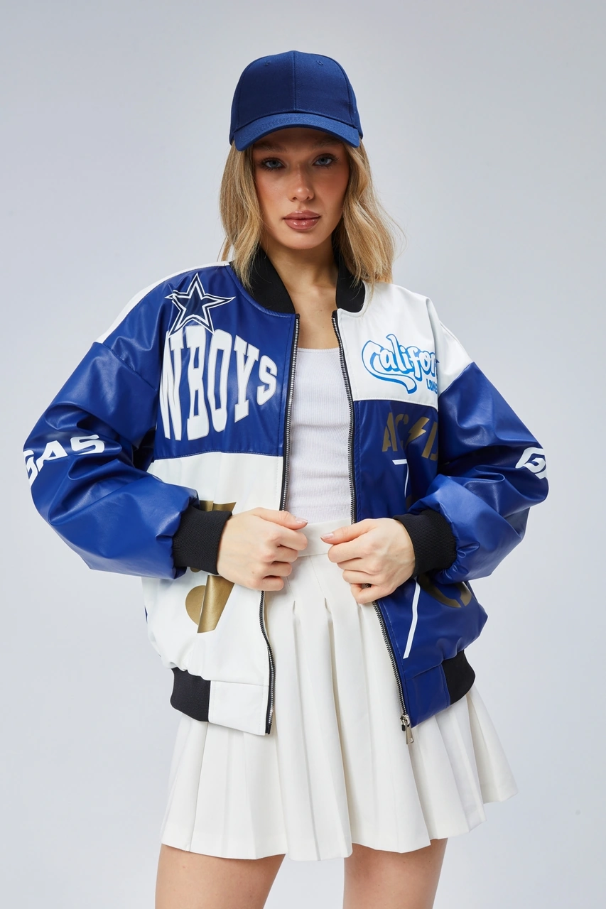 Kadın Oversize Baskılı Deri Motorcu Montu Fermuarlı Yarışçı Ceket Astarlı Bomber Kolej Mont Mavi