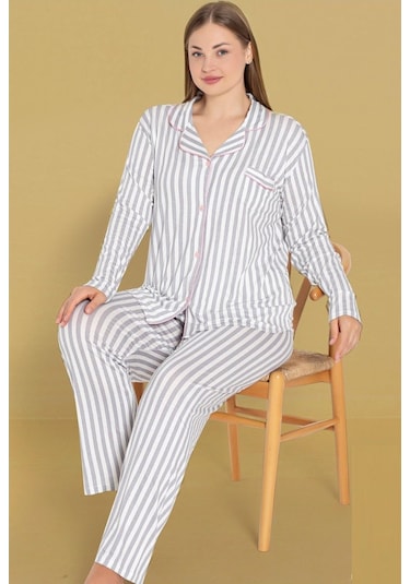 Kadın Büyük Beden Viskon Önden Düğmeli Göğüs Cepli Uzun Pijama 001